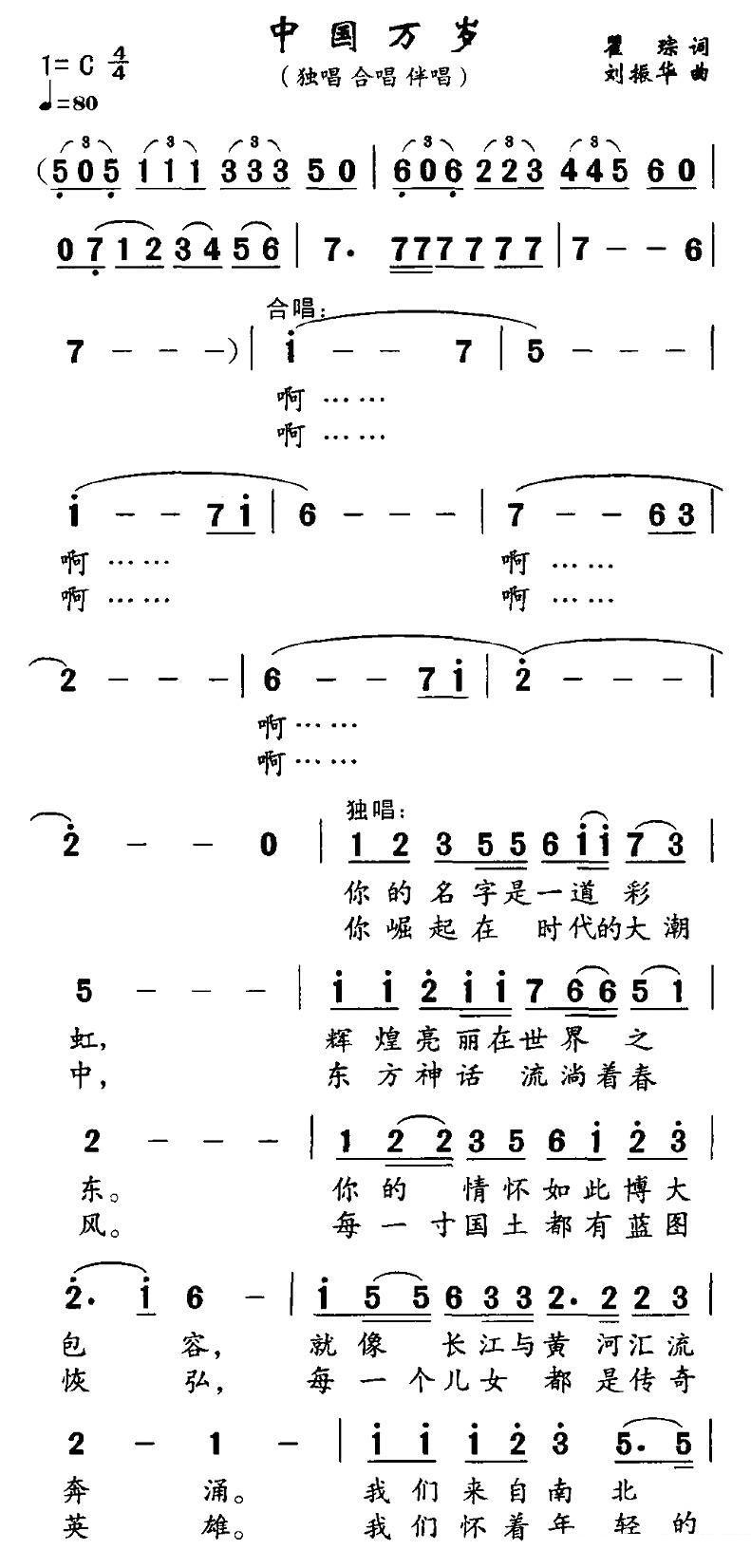 《中国万岁》简谱（第1页）