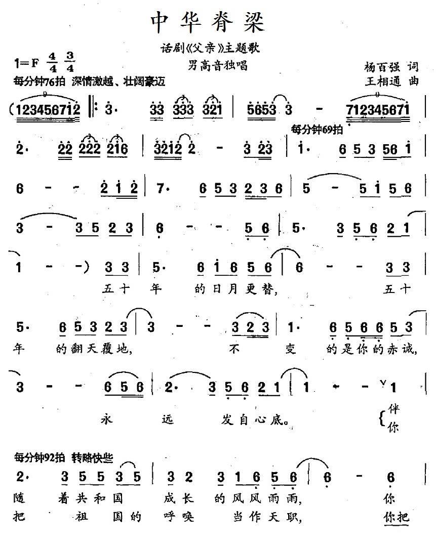 中华脊梁简谱(话剧《父亲》主题歌)_中华脊梁民歌谱