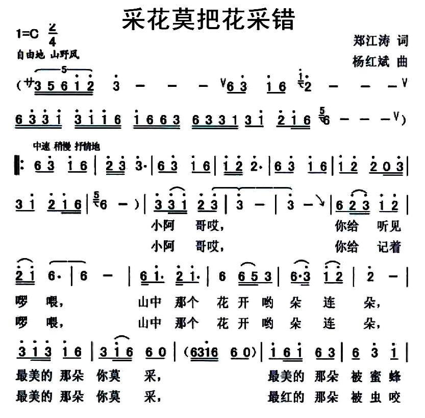 采花莫把花采错简谱(杨红斌曲 郑江涛词)_采花莫把花采错民歌谱