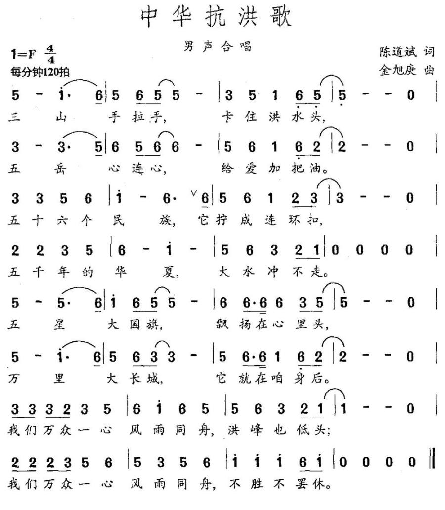 中华抗洪歌简谱(陈道斌词 金旭庚曲)_中华抗洪歌民歌谱