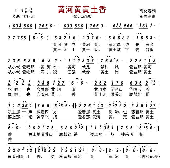 黄河黄黄土香（李志高曲 高化春词）曲谱