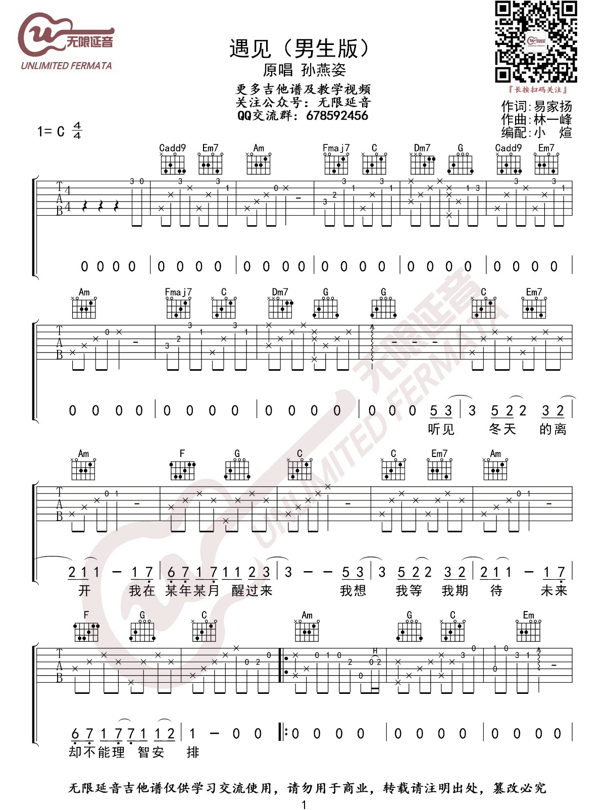 遇见吉他谱_孙燕姿_C调调弦男生版-图片1