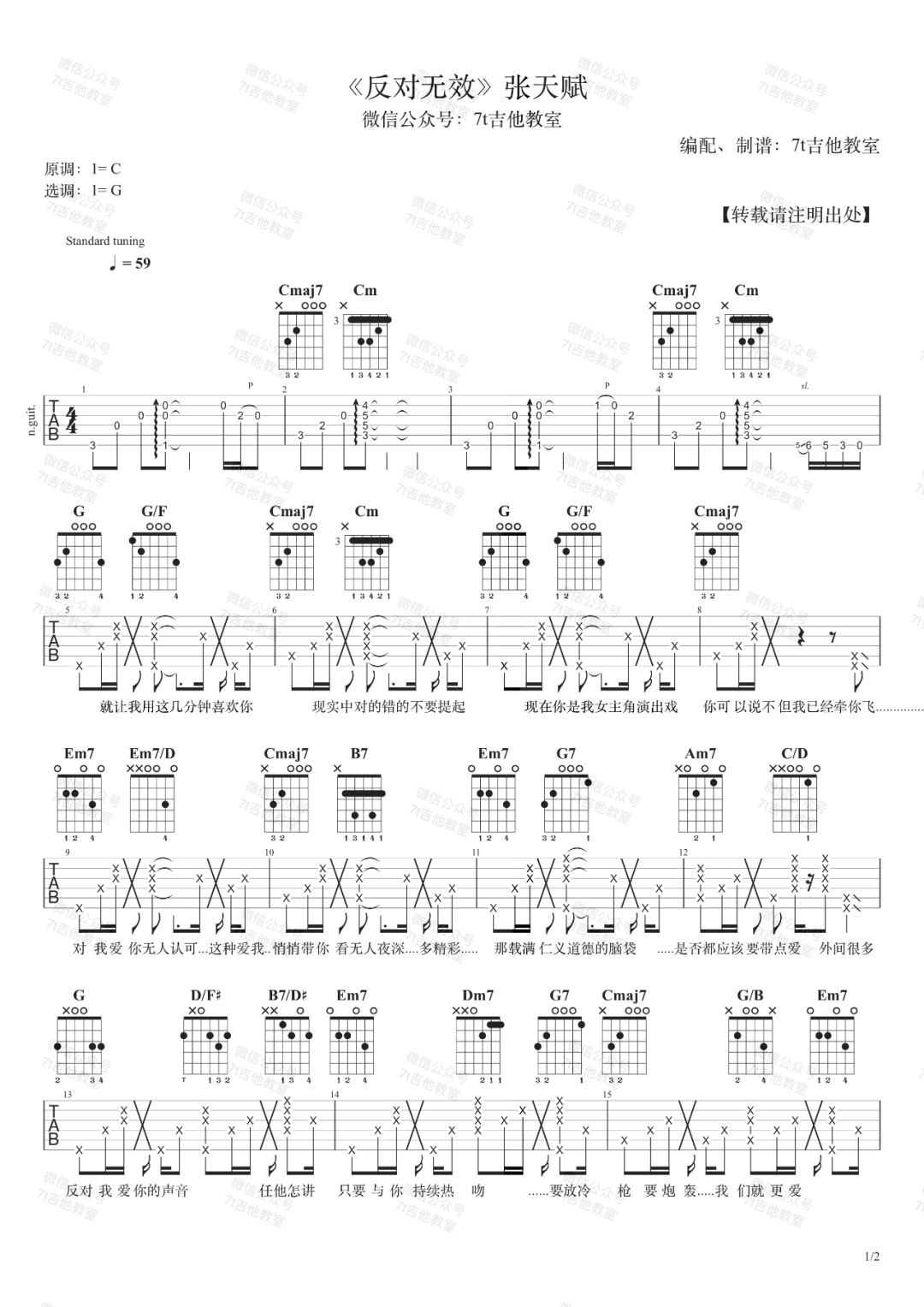反对无效吉他谱_张天赋_G调双音指法原版-图片1