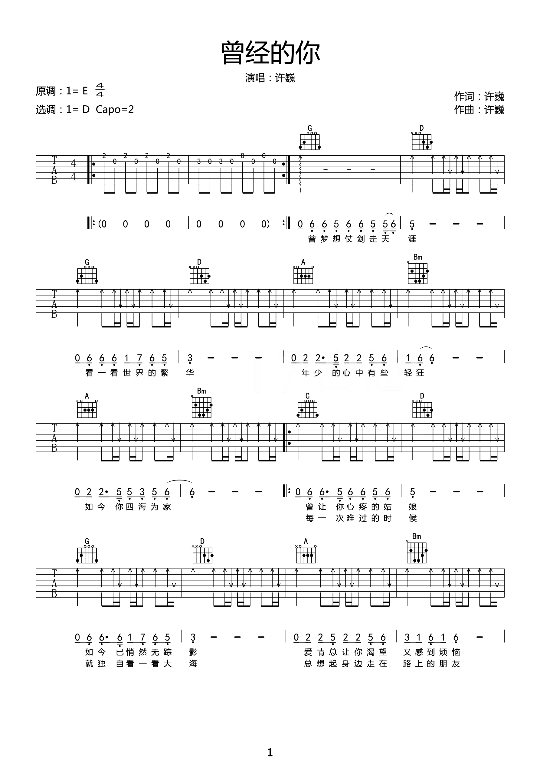 曾经的你吉他谱_许巍_D调演奏扫弦版-图片1