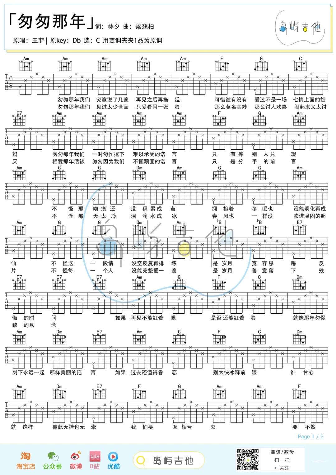 匆匆那年吉他谱_王菲_C调扫弦简单版-图片1