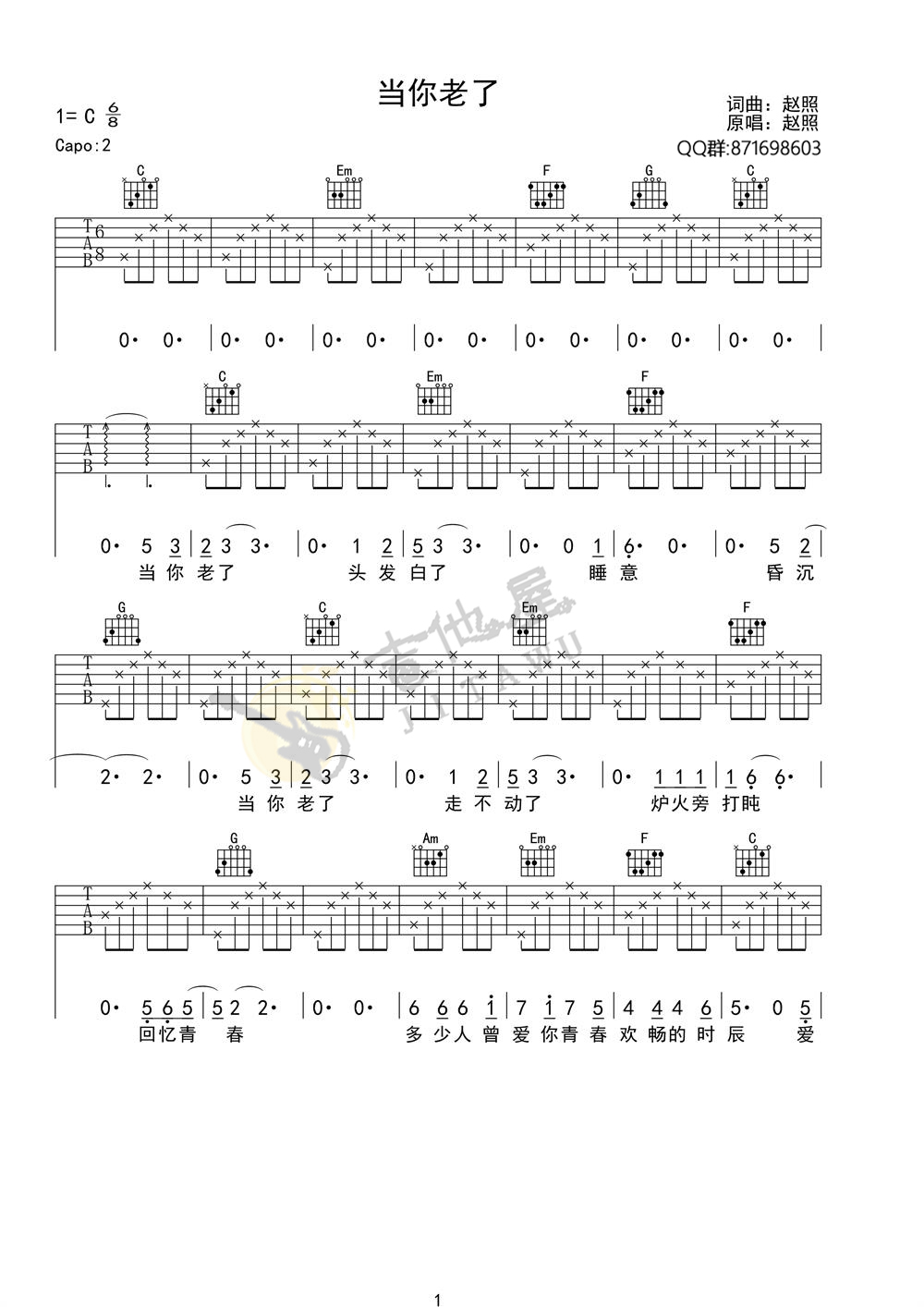 当你老了吉他谱_赵照_C调调弦指法原版-图片1