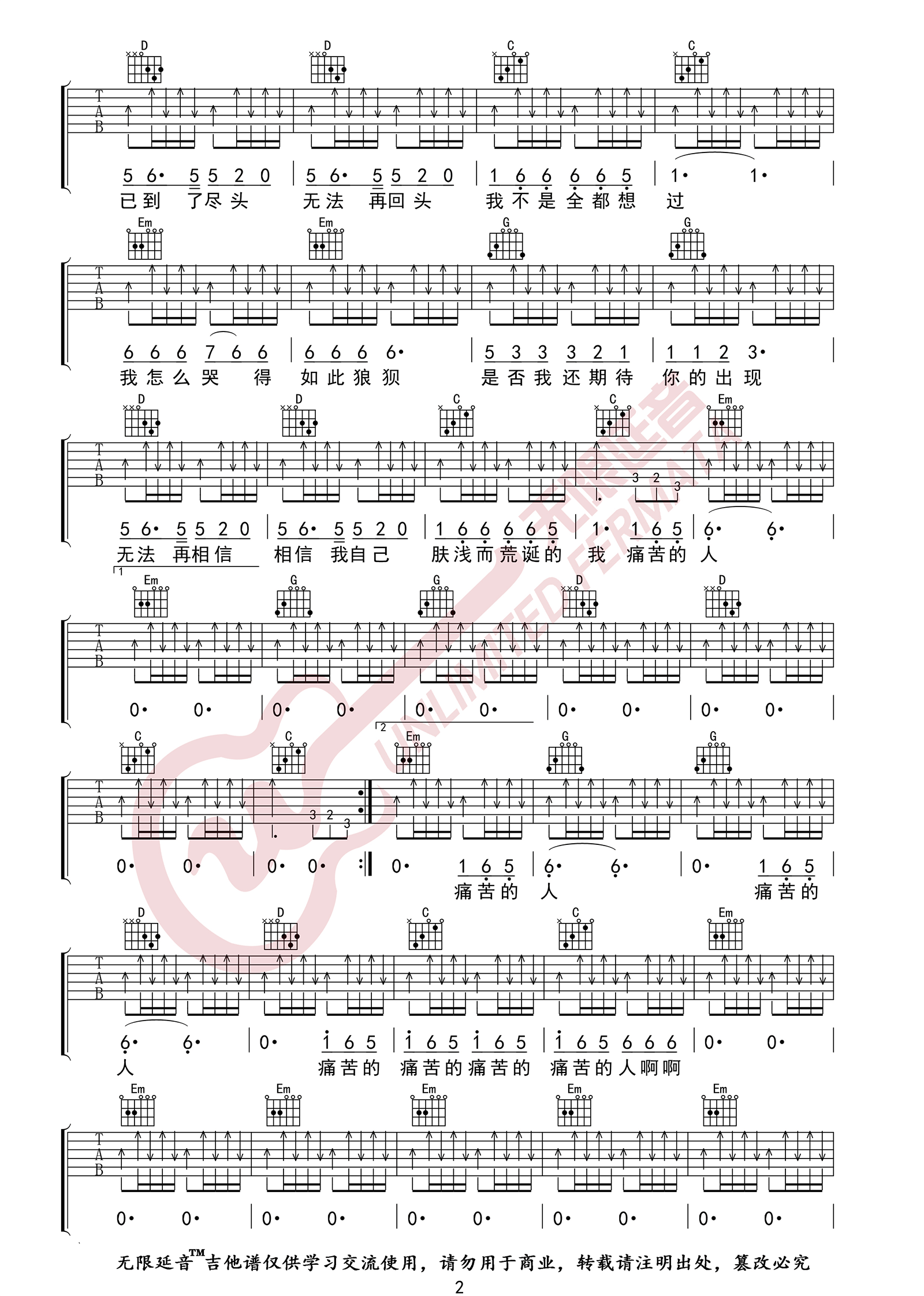 痛哭的人吉他谱_伍佰_G调演奏指法原版-图片1