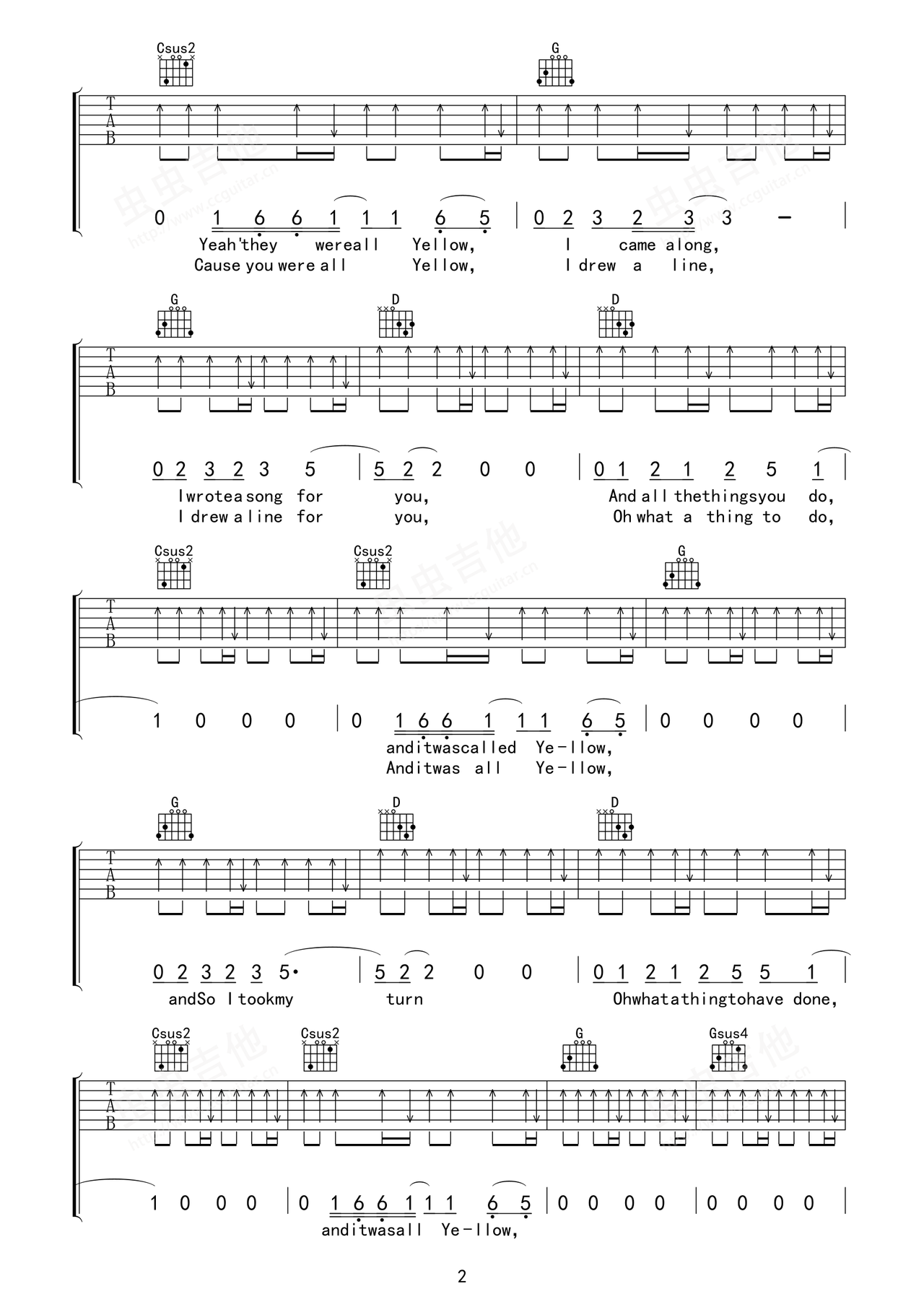 Yellow吉他谱_Coldplay_G调单音扫弦版-图片1