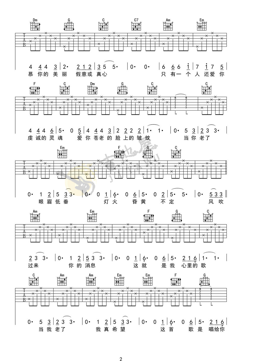 当你老了吉他谱_赵照_C调调弦指法原版-图片1