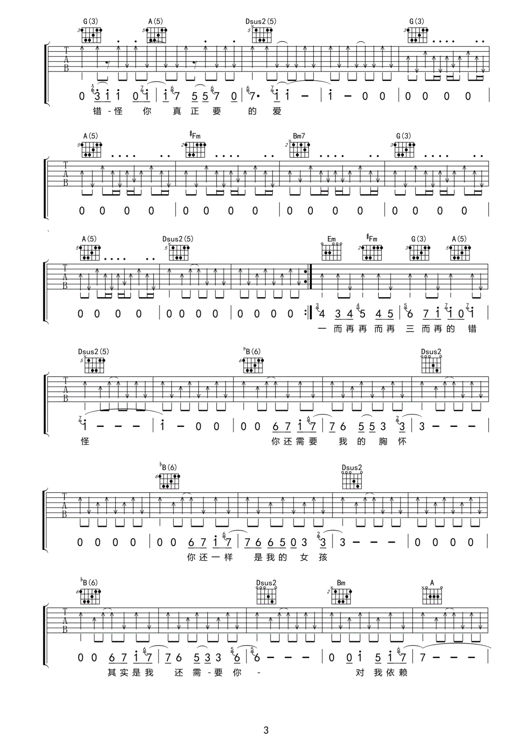 女孩吉他谱_韦礼安_D调单音原版-图片1