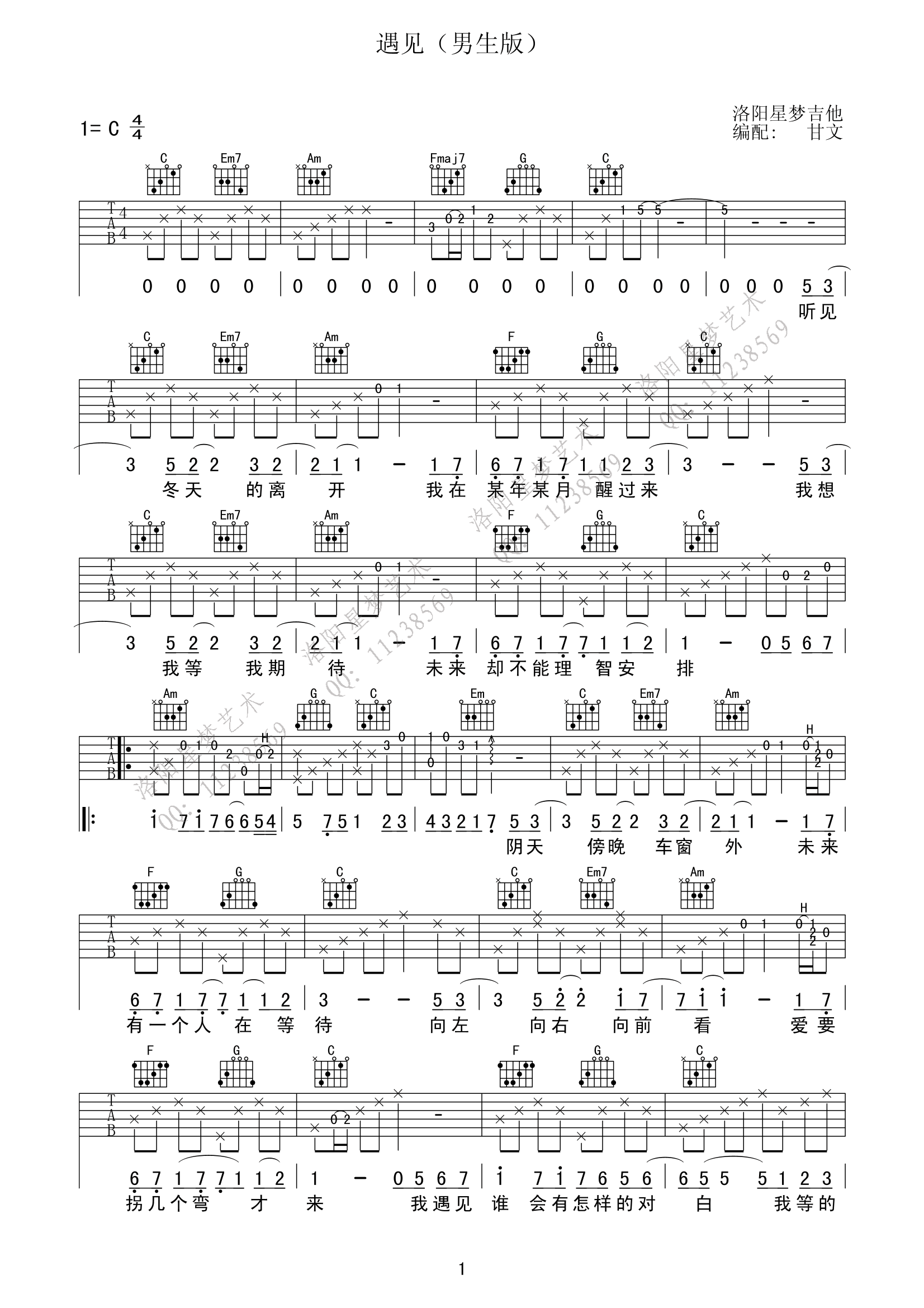 遇见吉他谱_孙燕姿_C调调弦男生简单版-图片1