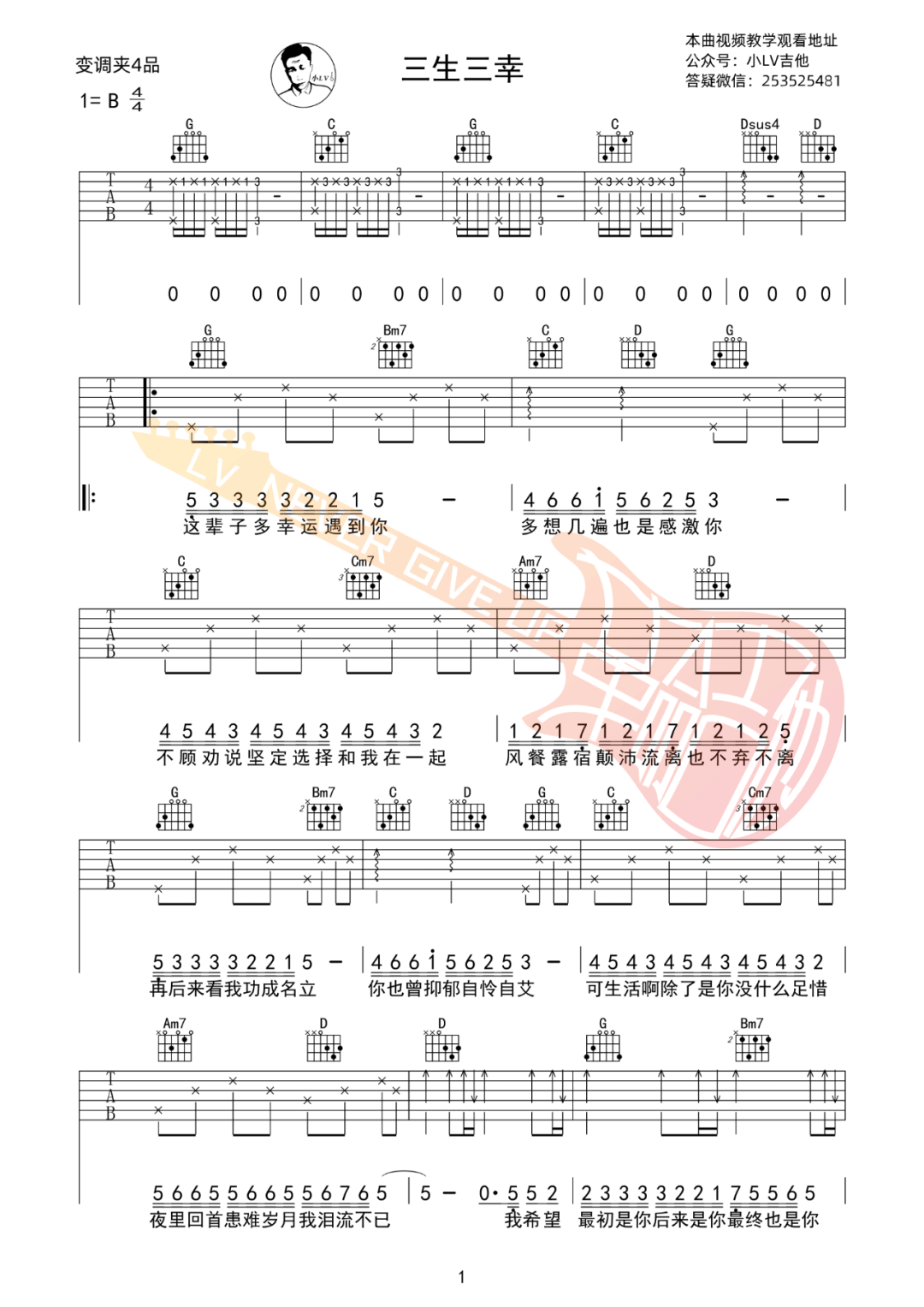 三生三幸吉他谱_海来阿木_G调原版吉他弹唱谱-图片1