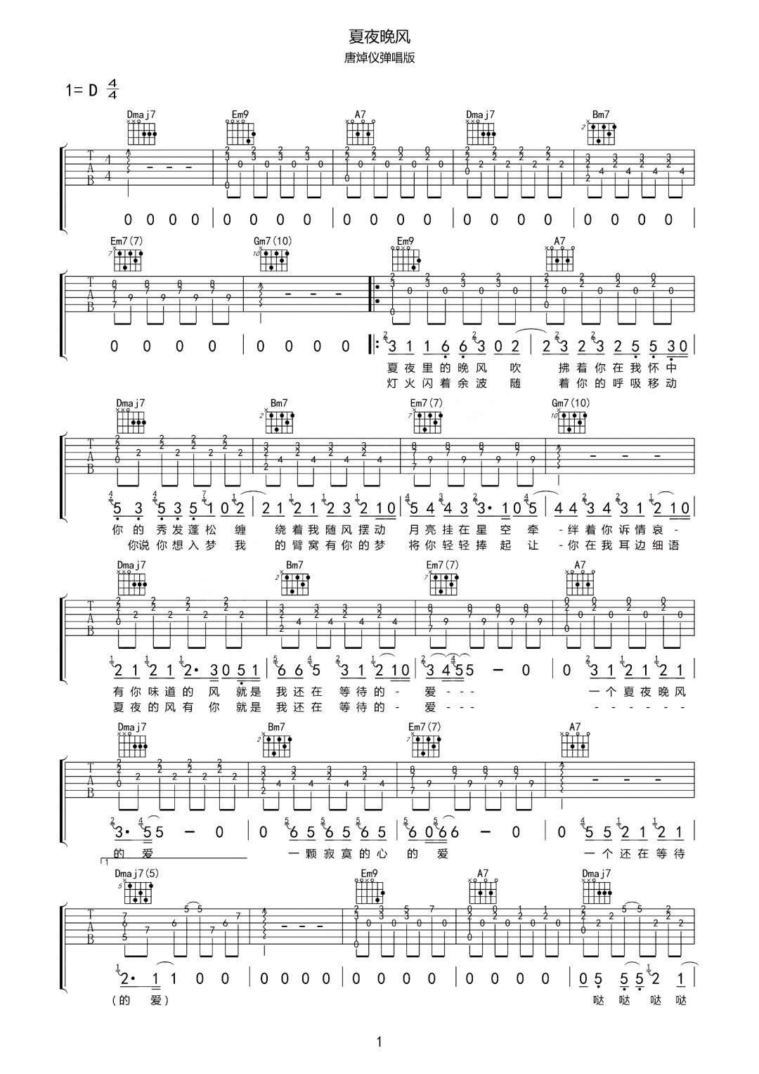 夏夜晚风吉他谱_伍佰-唐焯仪_D调演奏原版-图片1