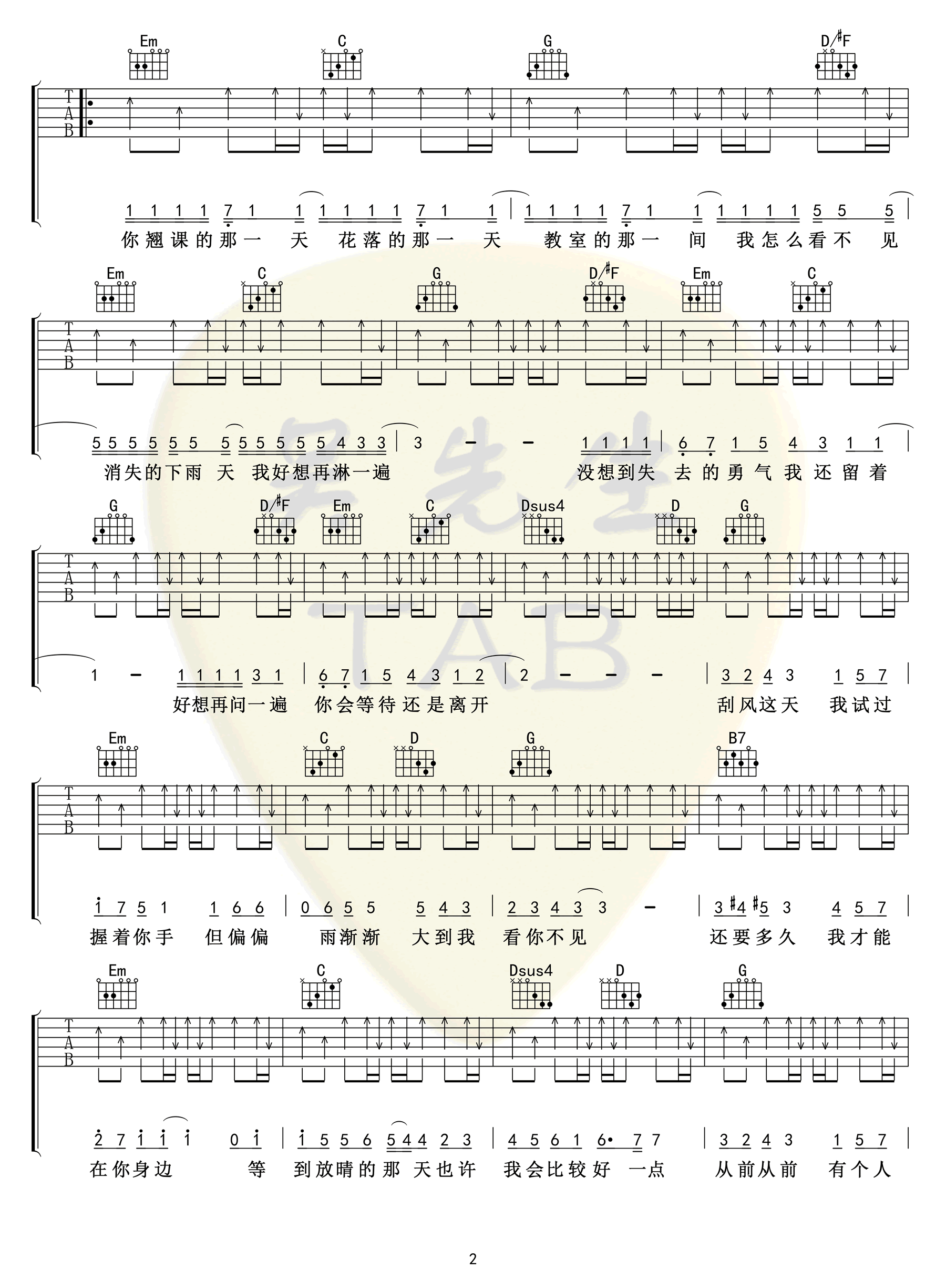 晴天吉他谱_周杰伦_G调扫弦原版-图片1
