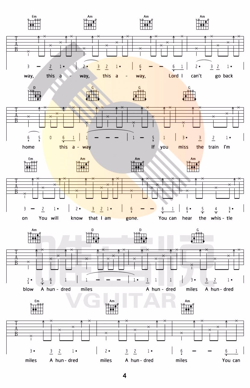 500miles吉他谱_醉乡民谣_G调扫弦原版-图片1