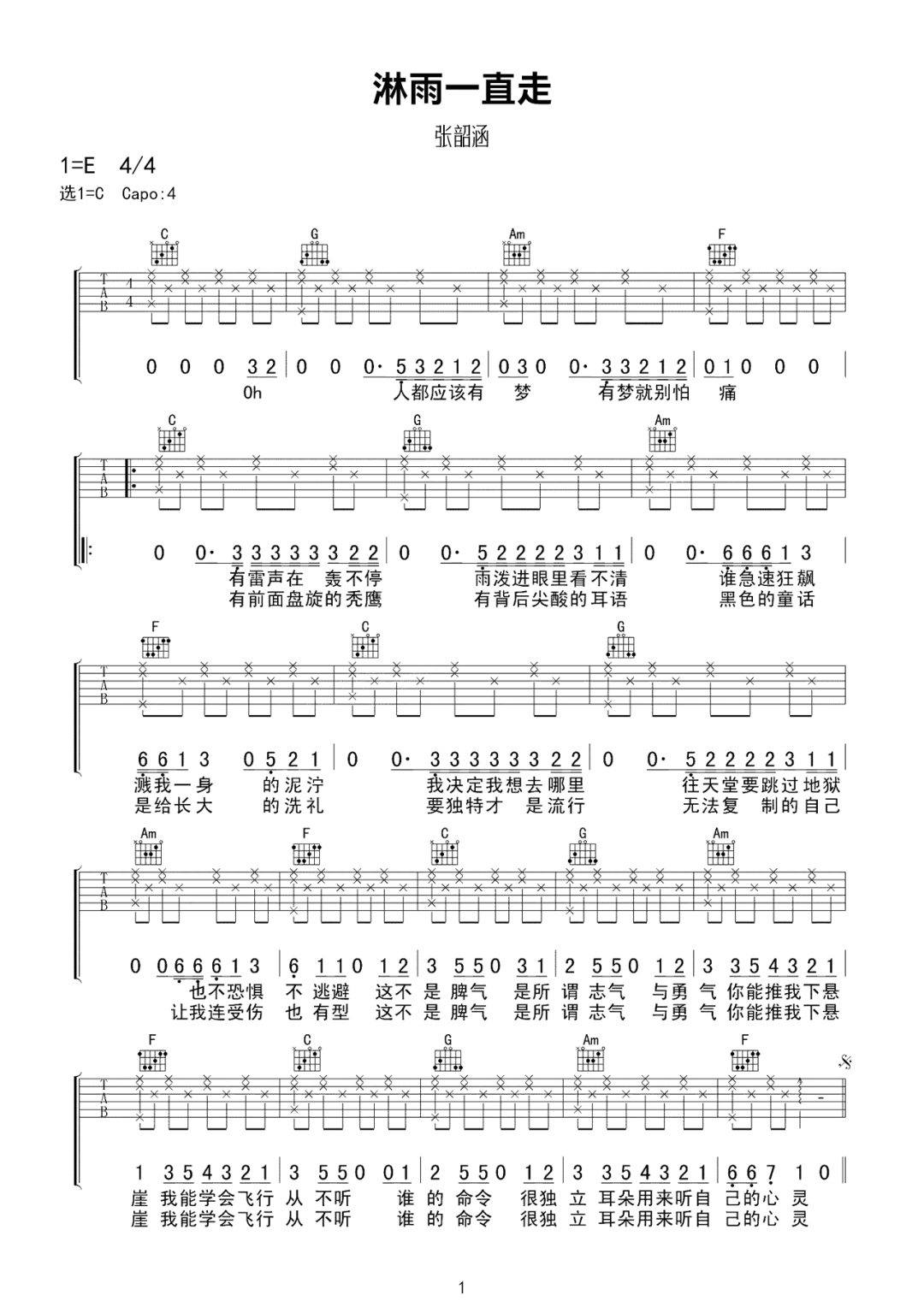 淋雨一直走吉他谱_张韶涵_C调双音指法-图片1