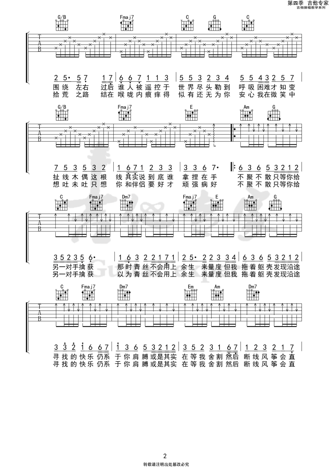 一丝不挂吉他谱_陈奕迅_C调单音原版-图片1