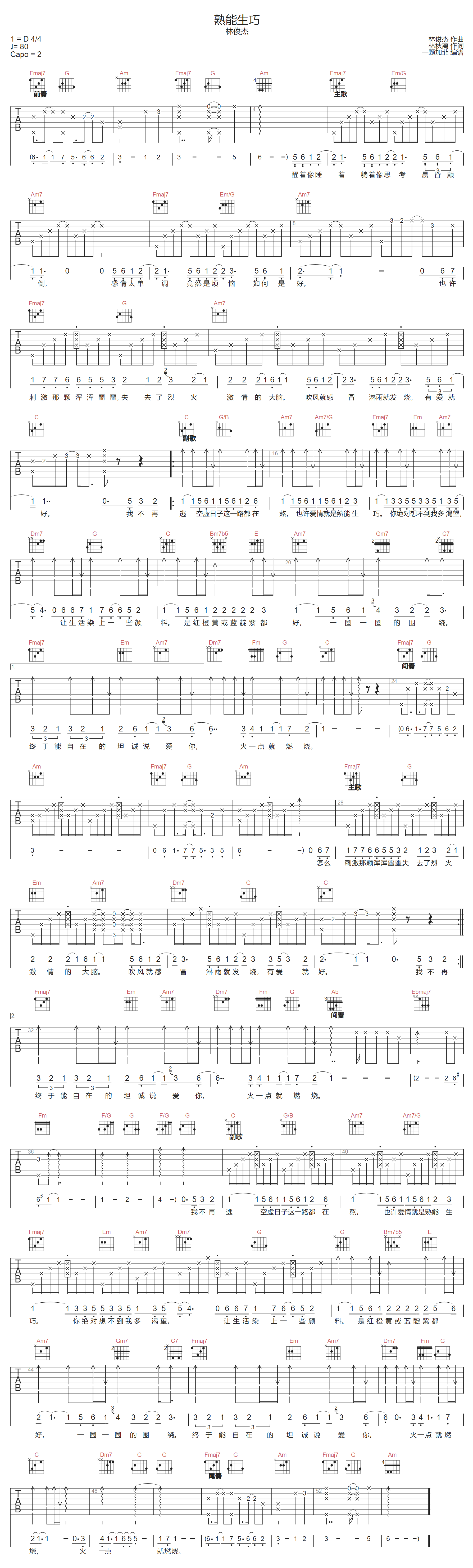 熟能生巧吉他谱-林俊杰