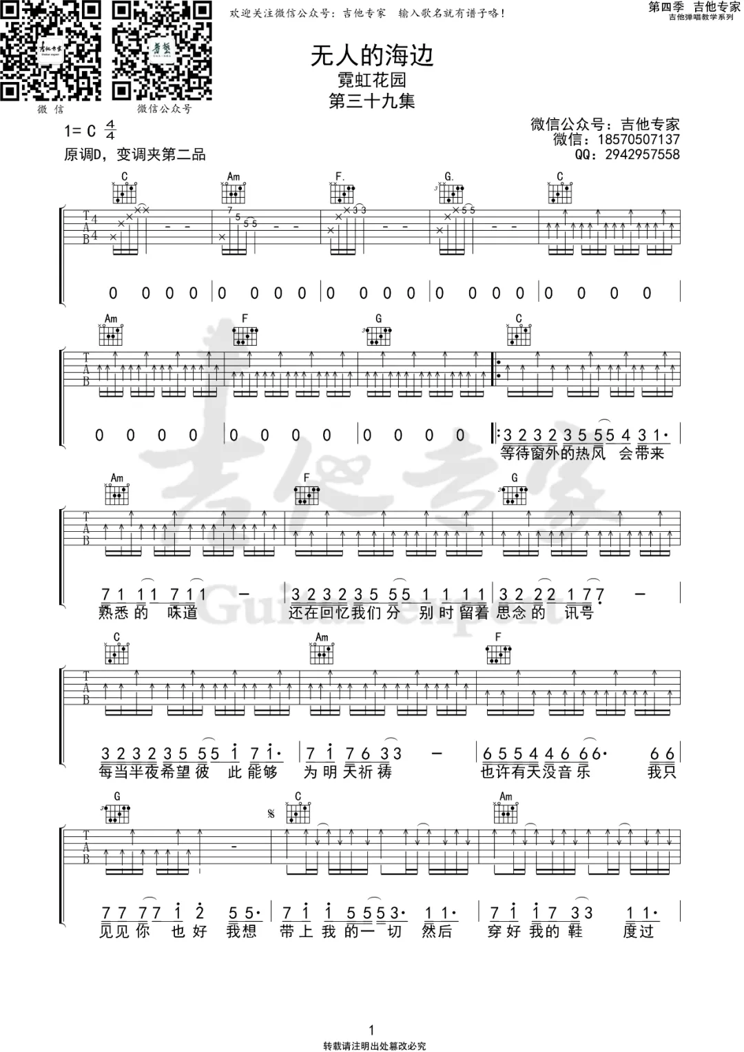 无人的海边吉他谱_霓虹花园_C调扫弦原版-图片1