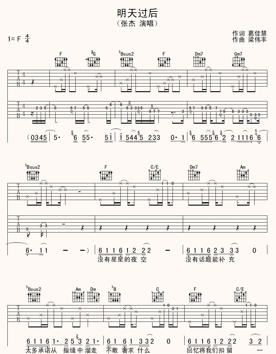 明天过后吉他谱_张杰_F调演奏指法原版-图片1
