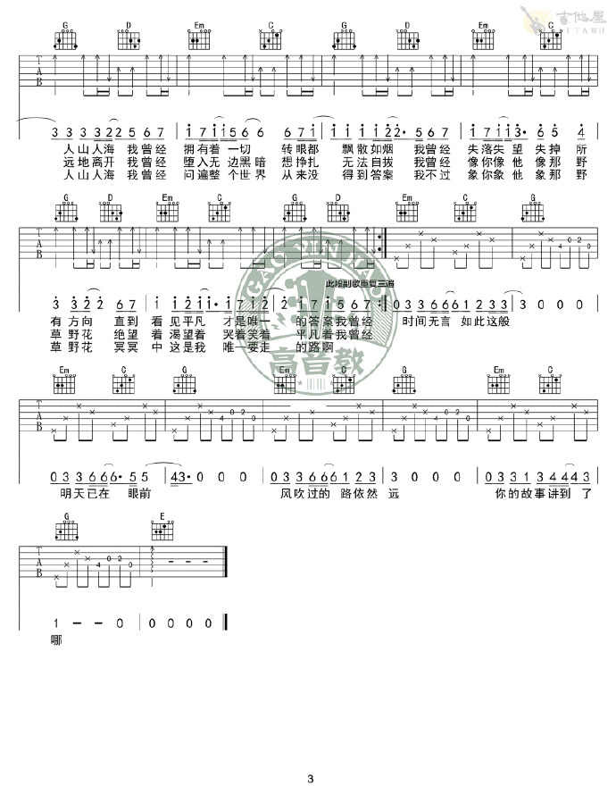 平凡之路吉他谱_朴树_G调单音简单版-图片1