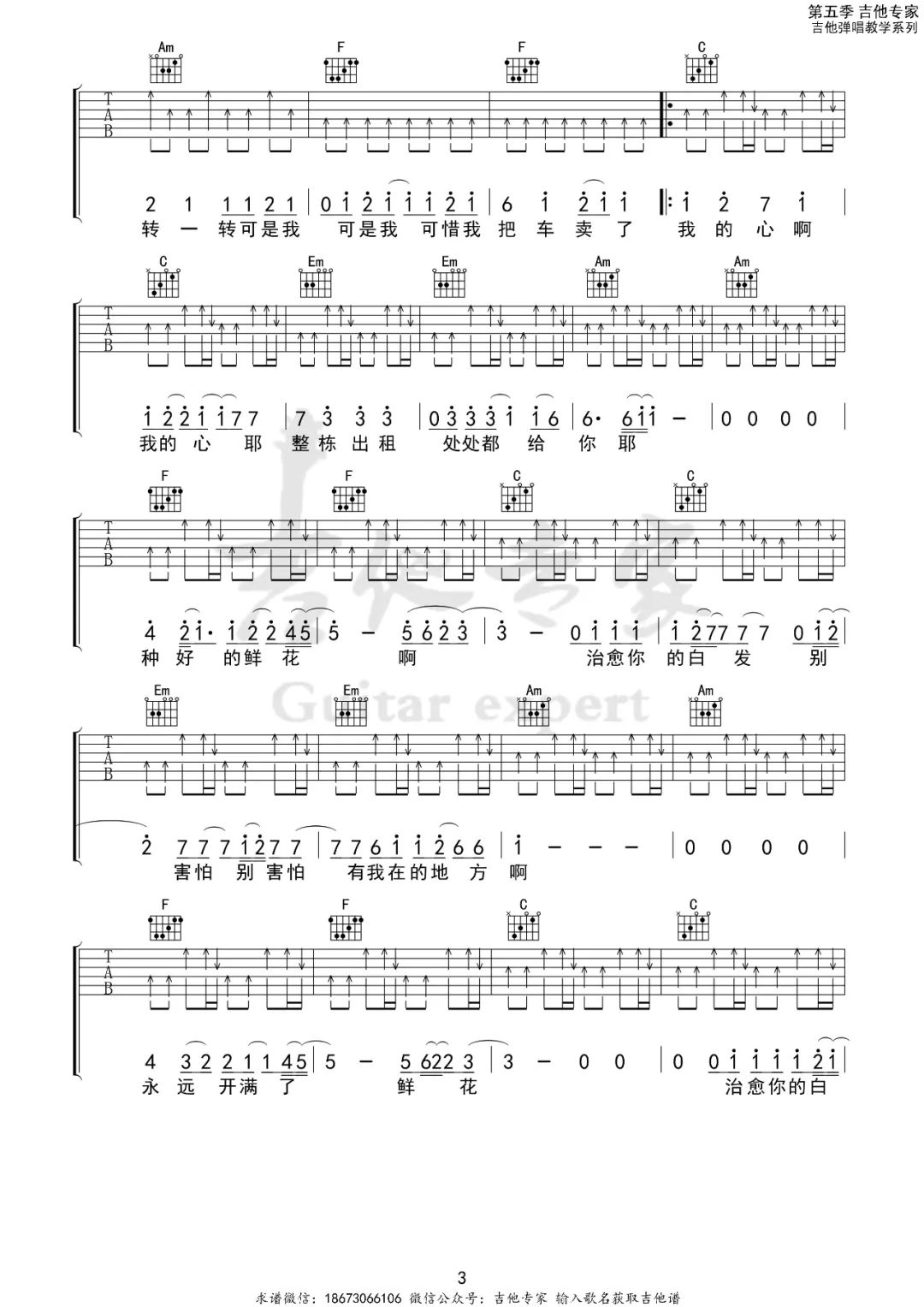 鲜花吉他谱_回春丹乐队_C调扫弦指法扫弦版-图片1