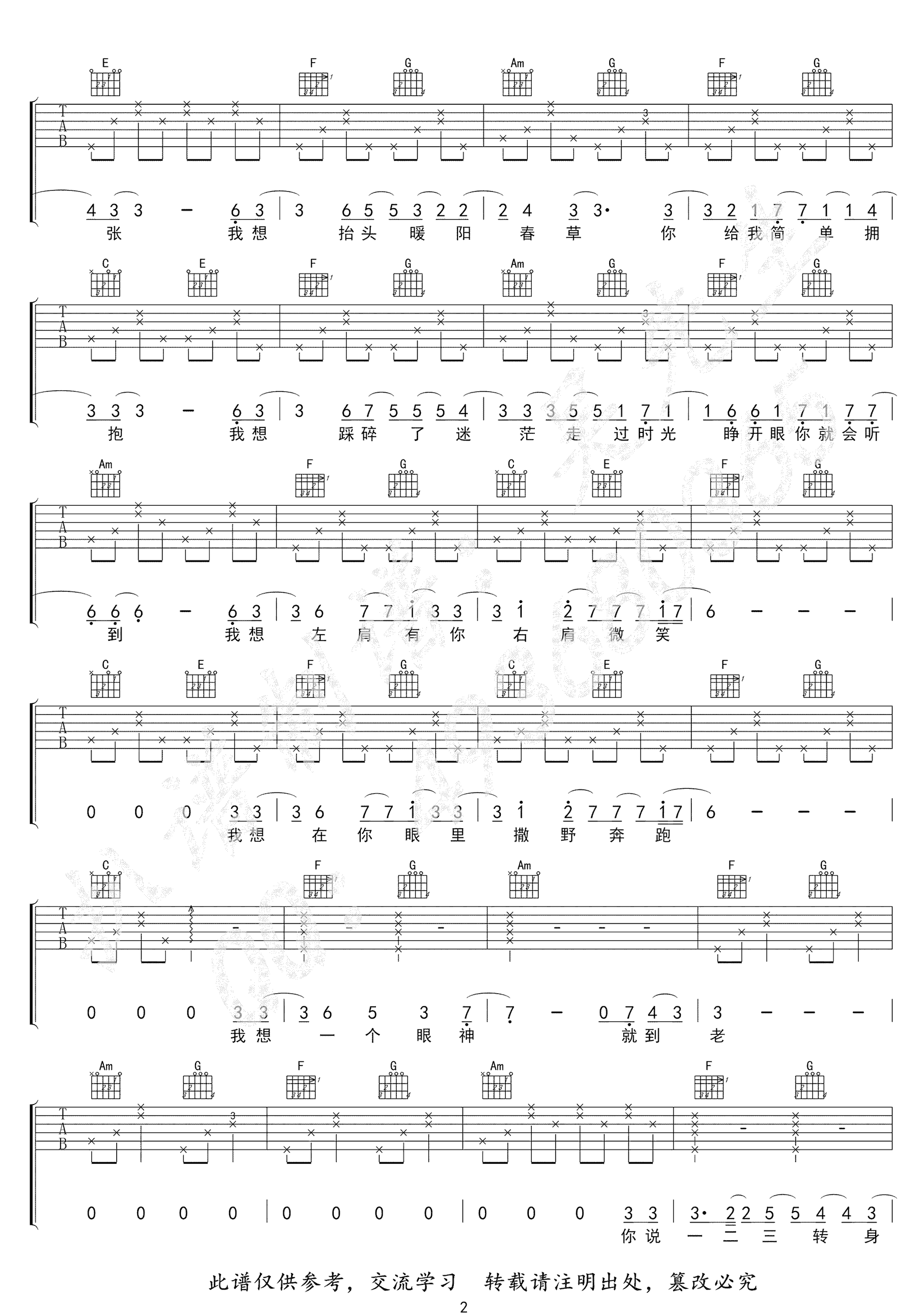 撒野吉他谱_凯瑟喵_撒野C调吉他弹唱谱-图片1