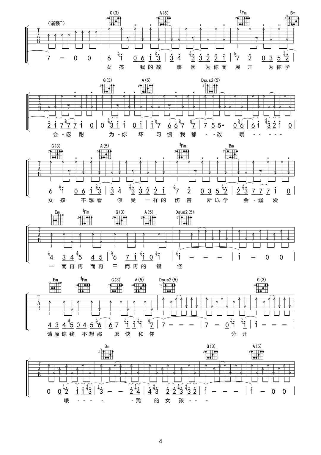 女孩吉他谱_韦礼安_D调单音原版-图片1