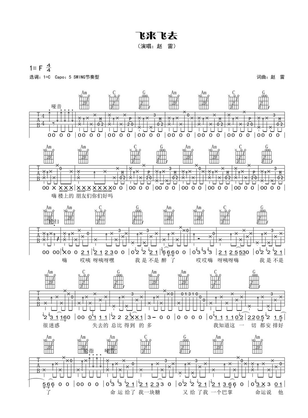 飞来飞去吉他谱1-赵雷