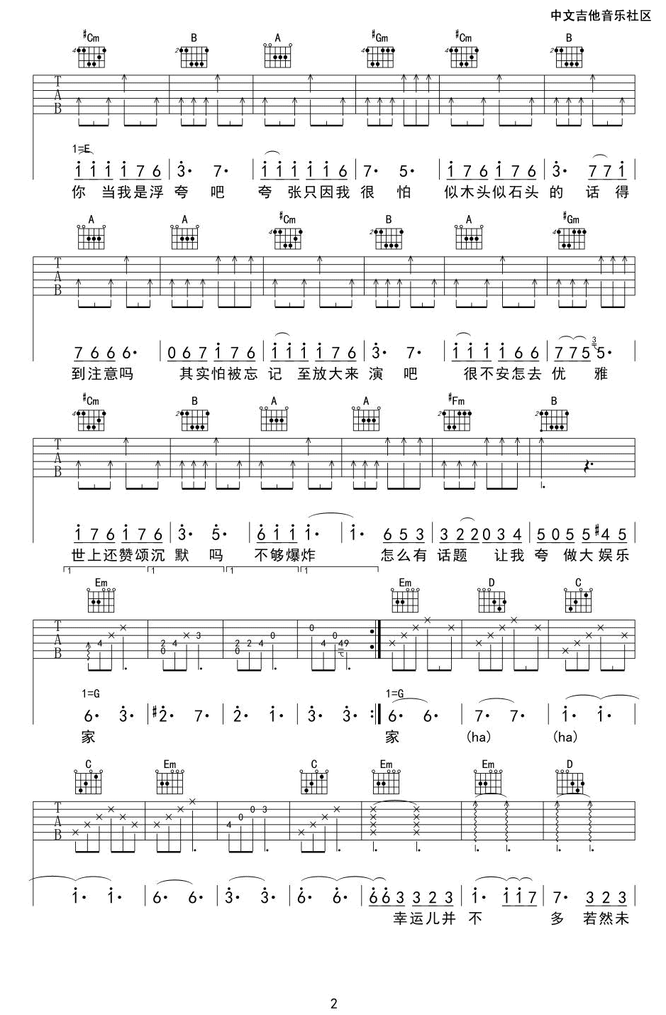 浮夸吉他谱_陈奕迅_G调扫弦指法-图片1