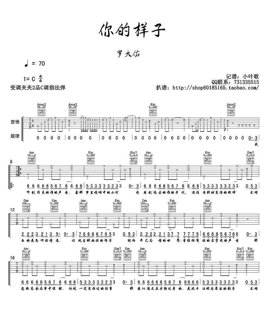 你的样子吉他谱_罗大佑-林志炫_C调双音原版-图片1