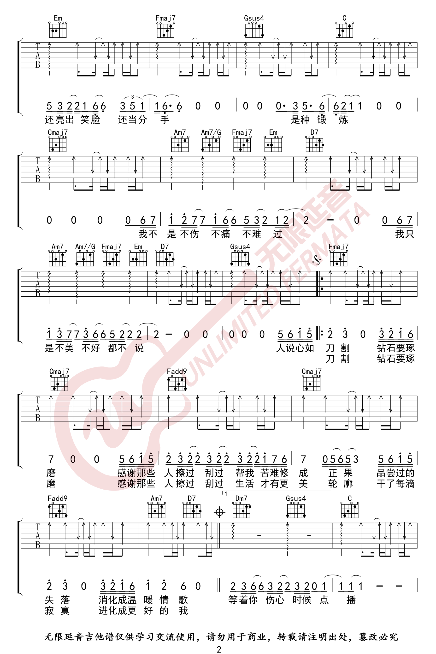 不说吉他谱_李荣浩_C调演奏指法原版-图片1
