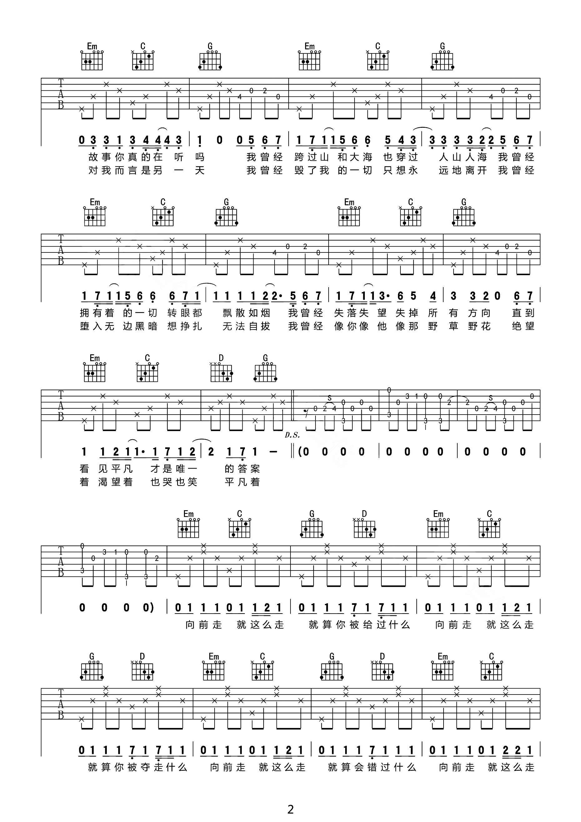 平凡之路吉他谱_朴树_G调双音指法原版-图片1