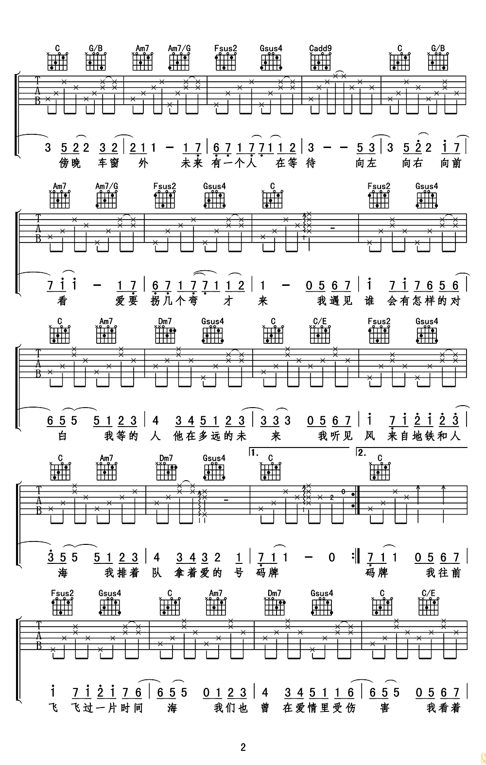遇见吉他谱_孙燕姿_C调双音原版-图片1