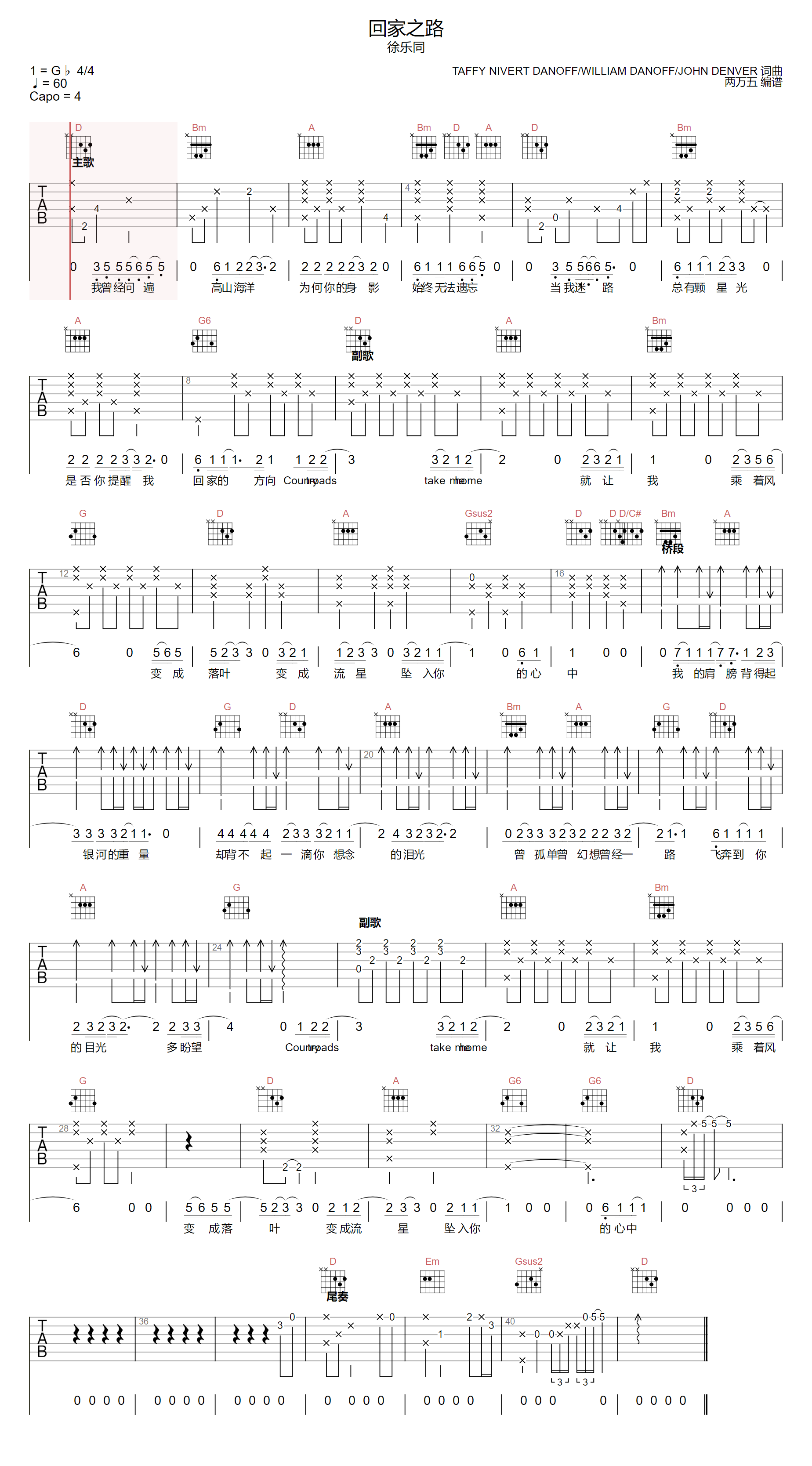 回家之路吉他谱-徐乐同