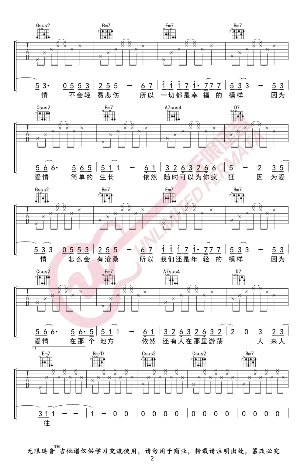 因为爱情吉他谱_陈奕迅-王菲_G调调弦指法-图片1