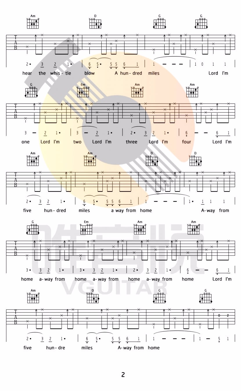 500miles吉他谱_醉乡民谣_G调扫弦原版-图片1