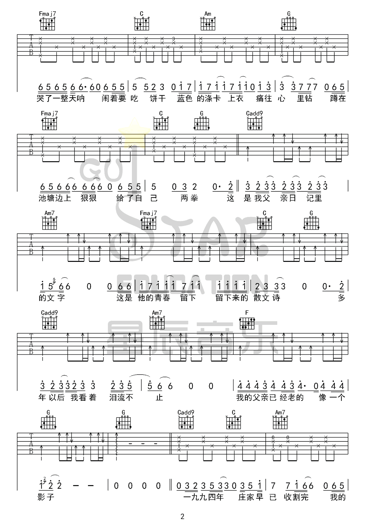 父亲写的散文诗吉他谱_李健-许飞_C调调弦原版-图片1