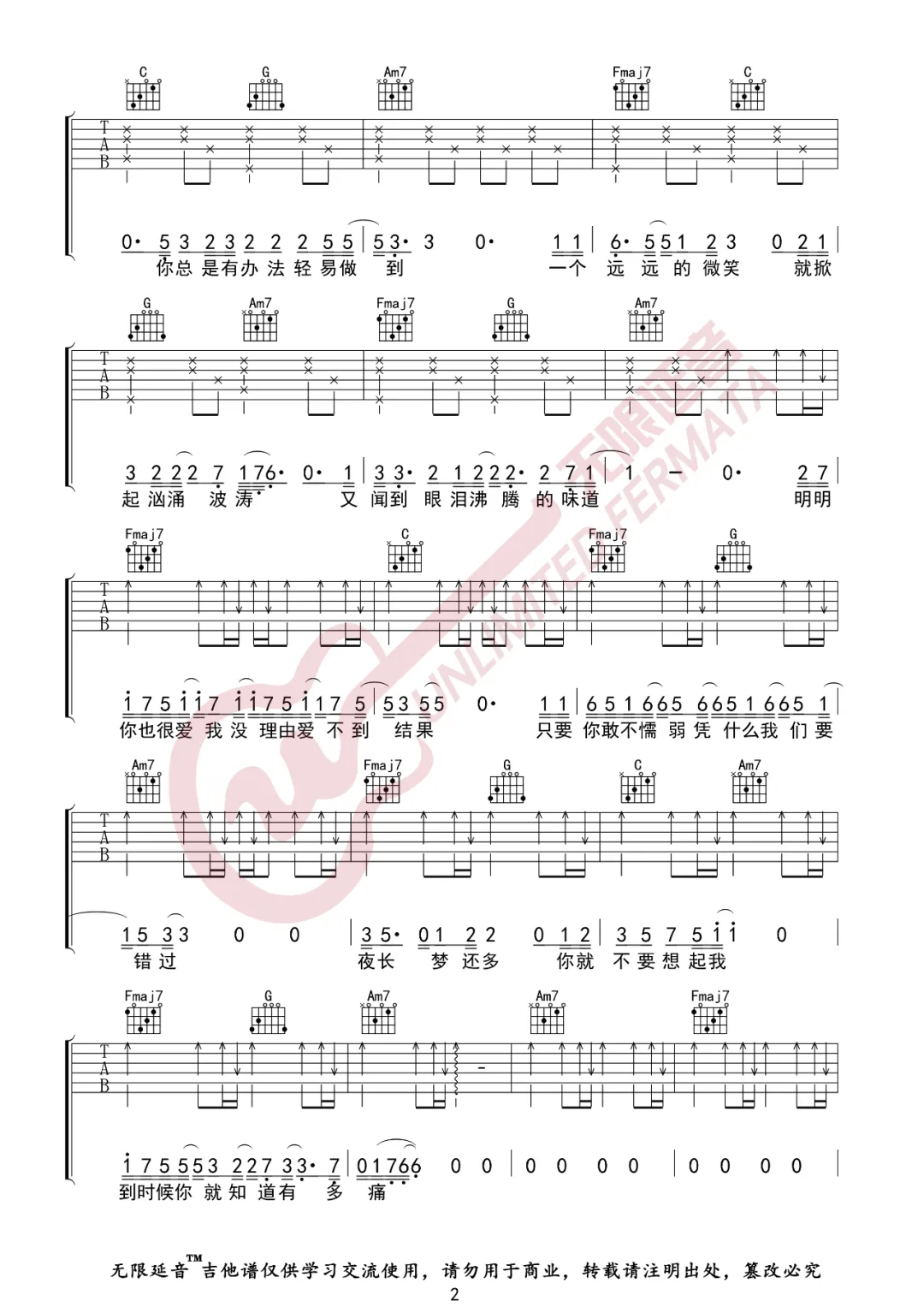 你就不要想起我吉他谱_田馥甄_C调扫弦指法-图片1