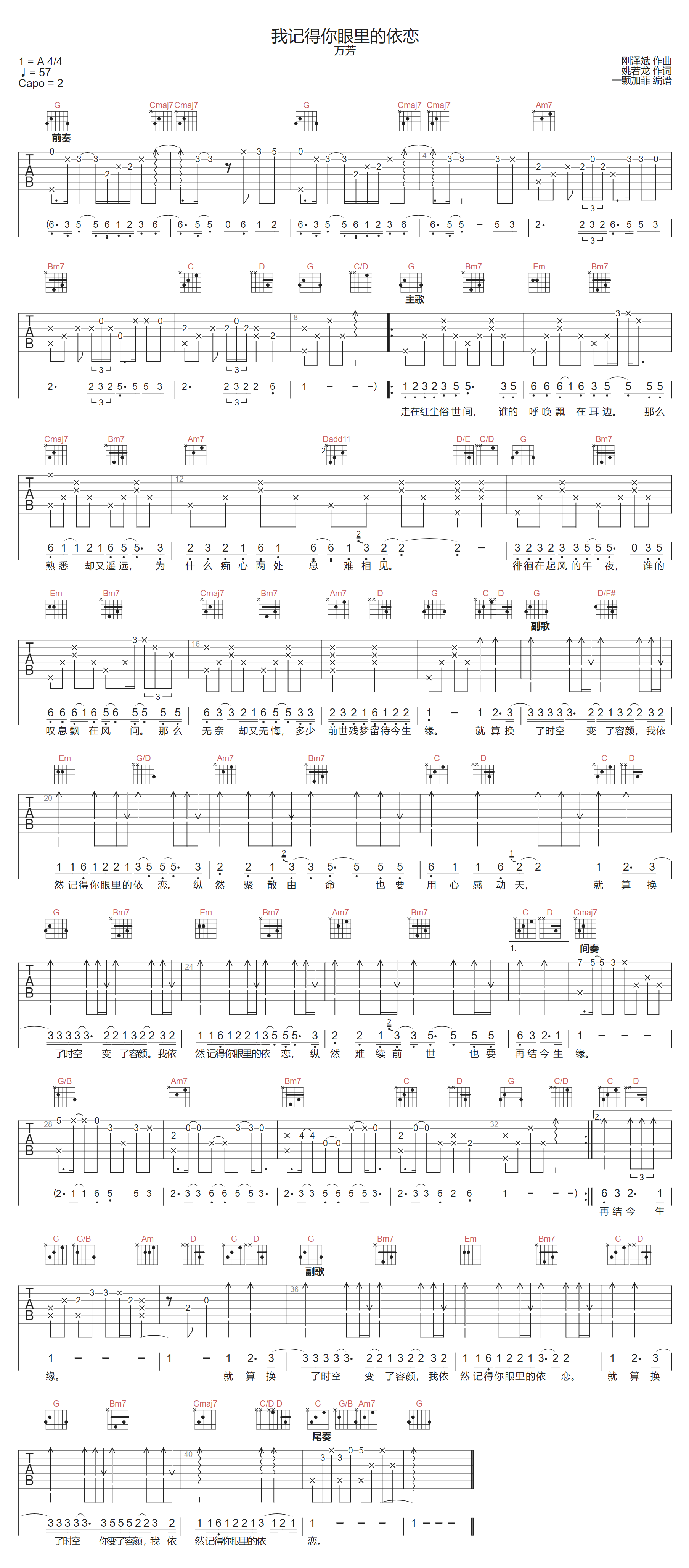 我记得你眼里的依恋吉他谱_万芳_G调单音版