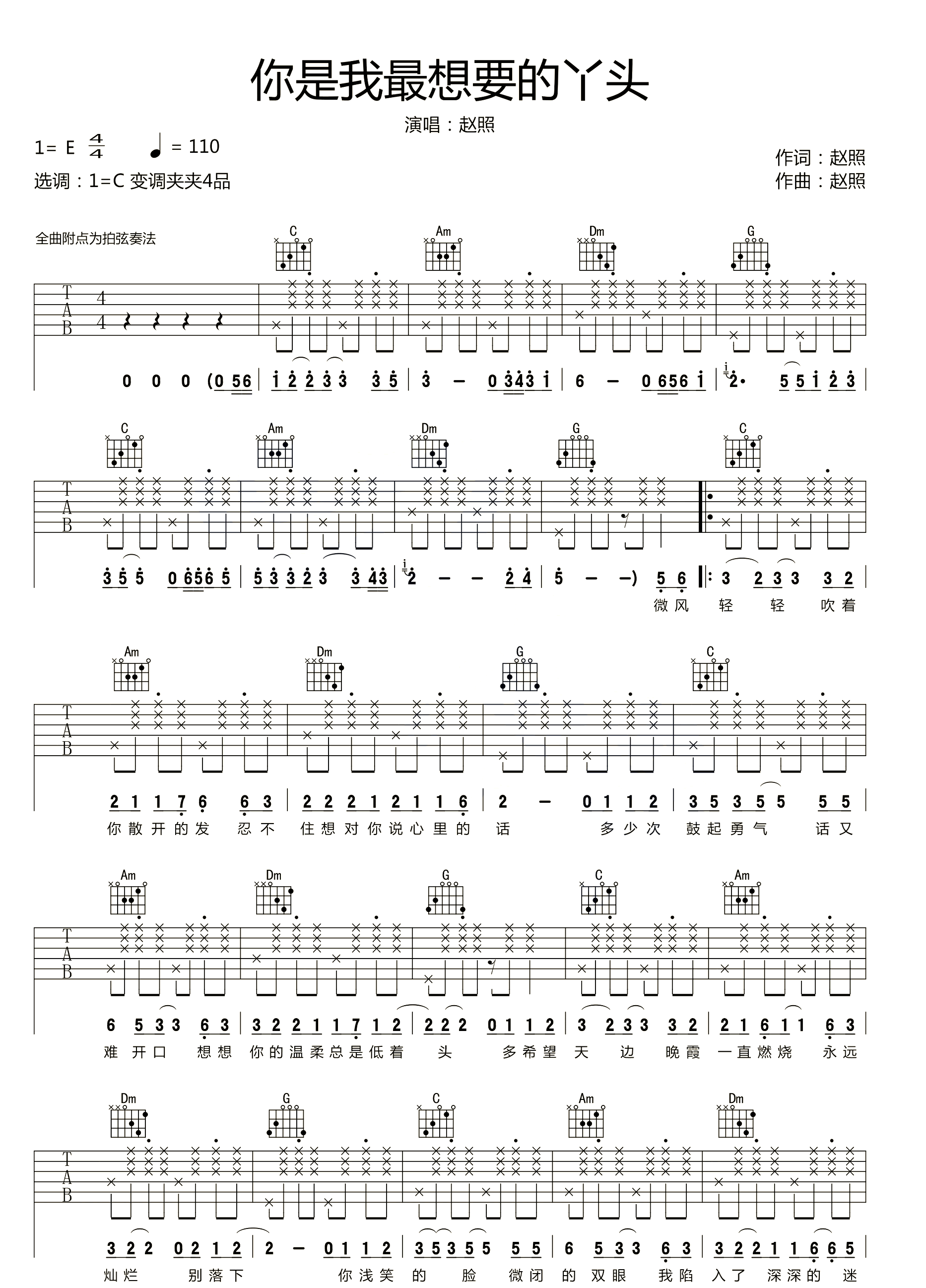 你就是我最想要的丫头吉他谱_赵照_C调调弦原版-图片1
