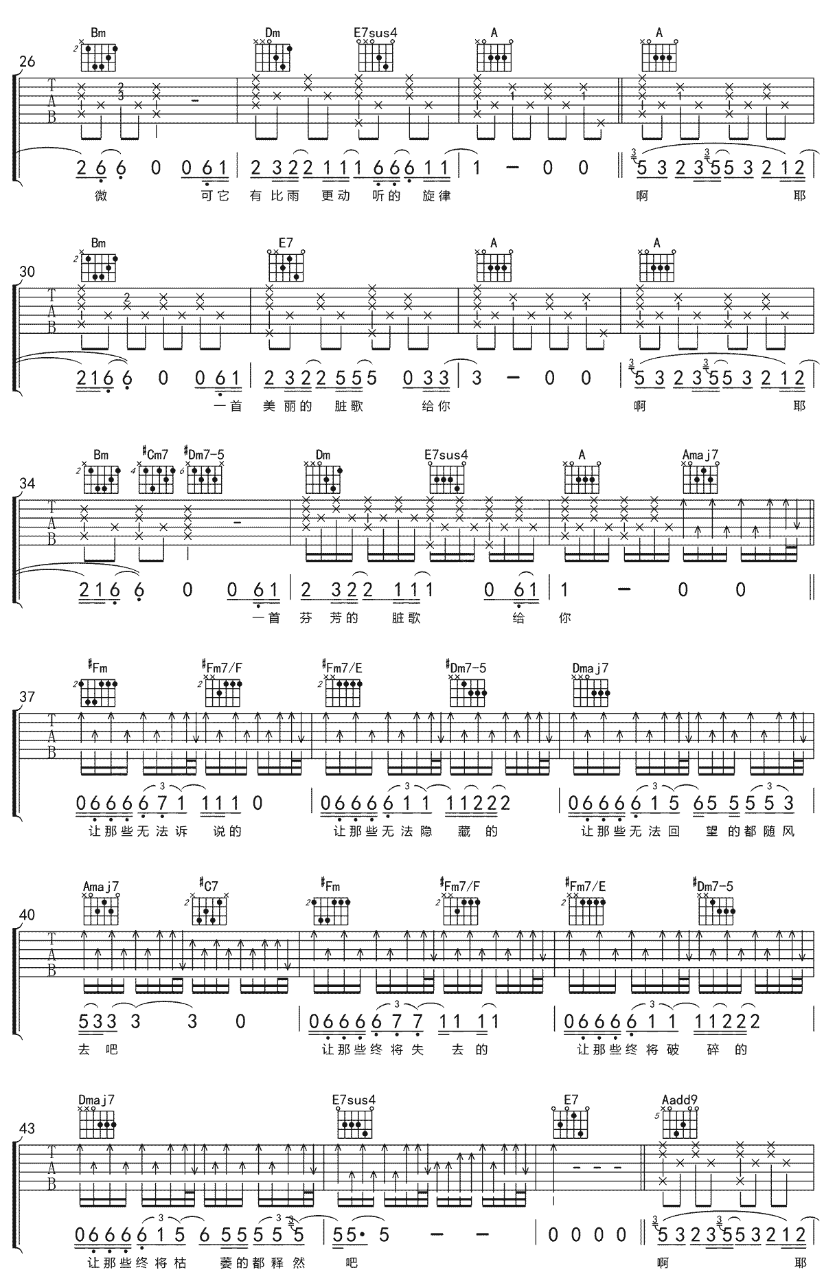 脏歌吉他谱_汪峰_A调单音版