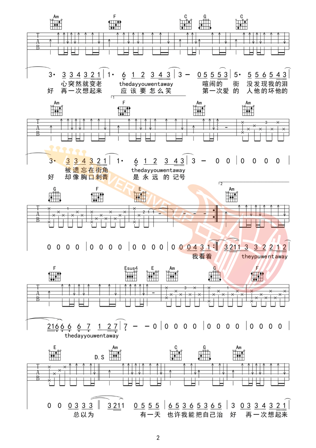 第一次爱的人吉他谱_王心凌_C调双音版 弹唱教学视频-图片1