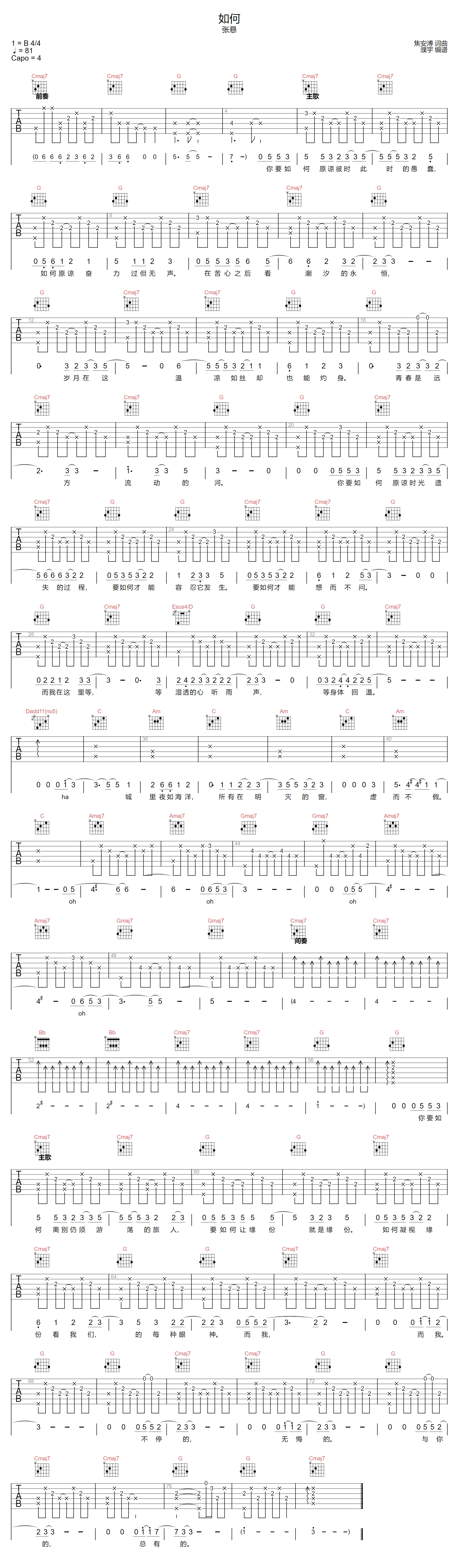 如何吉他谱_张悬_G调和弦指法原版-图片1