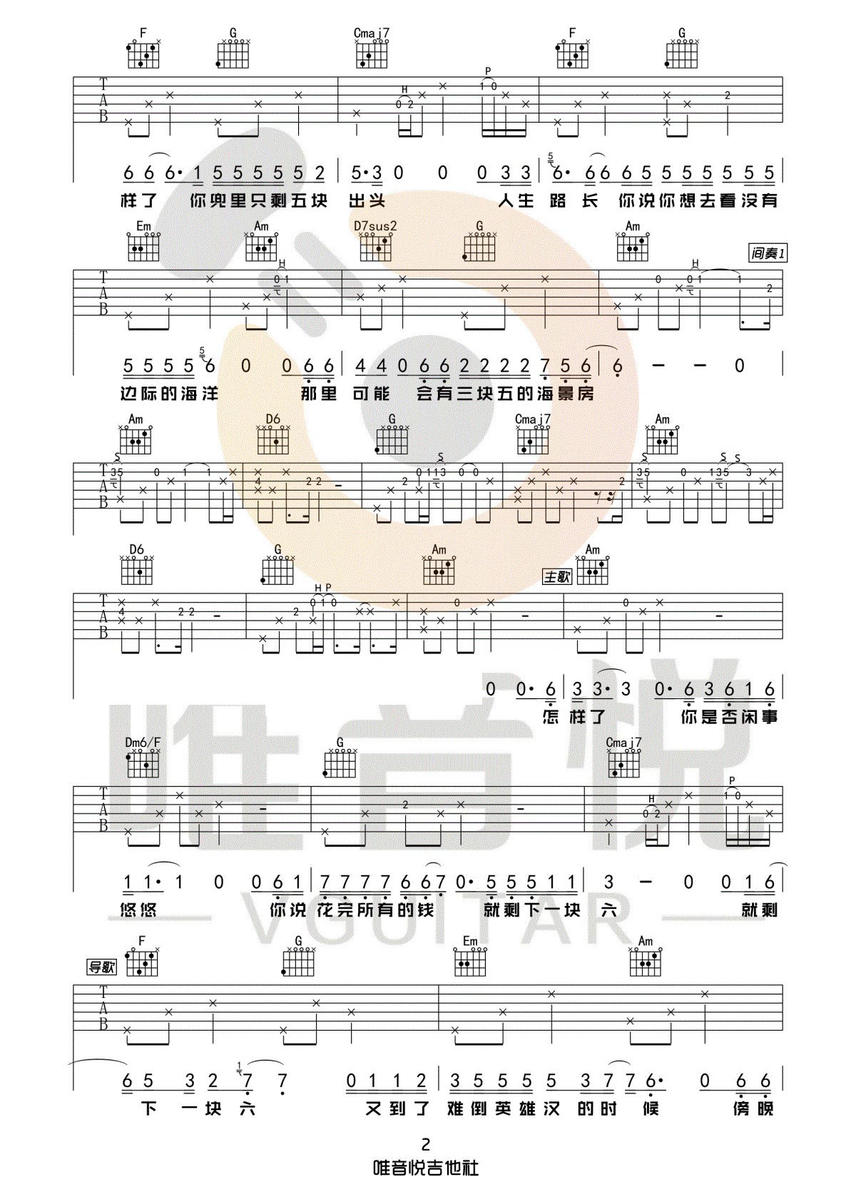 四块五吉他谱_隔壁老樊_C调扫弦版 弹唱教学视频-图片1