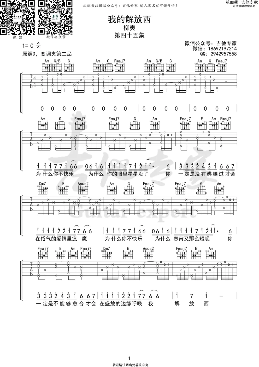 我的解放西吉他谱_柳爽_C调双音原版-图片1