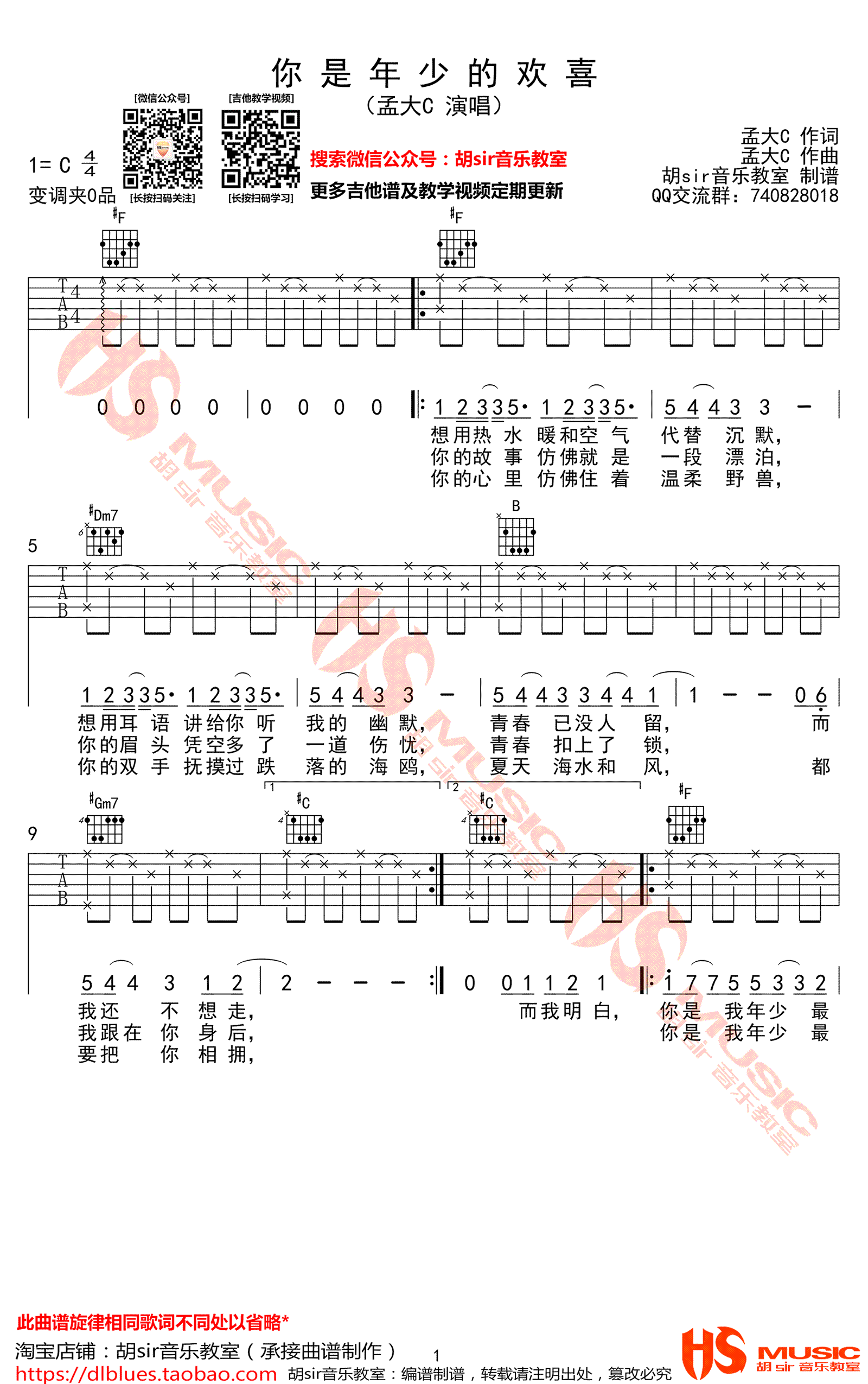 你是年少的欢喜吉他谱_孟大C_C调调弦指法-图片1