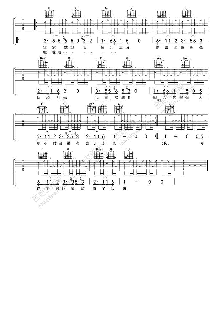 梁家姑娘吉他谱2-烟把儿乐队