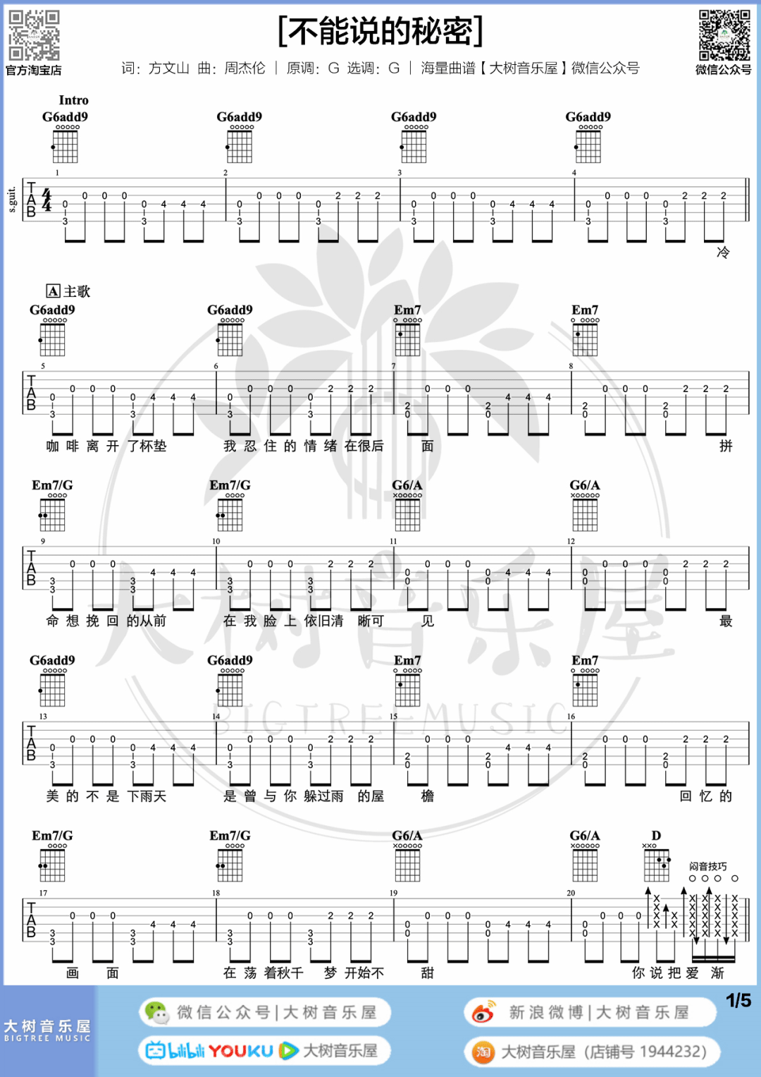 不能说的秘密吉他谱_周杰伦_G调单音版 弹唱教学视频-图片1