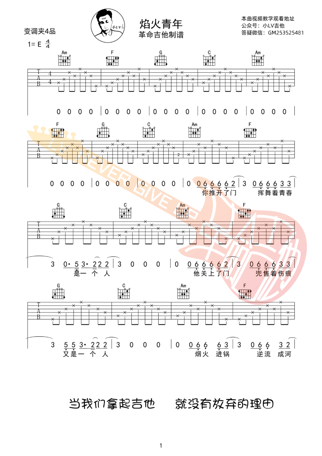 焰火青年吉他谱_华北浪革_C调演奏指法-图片1